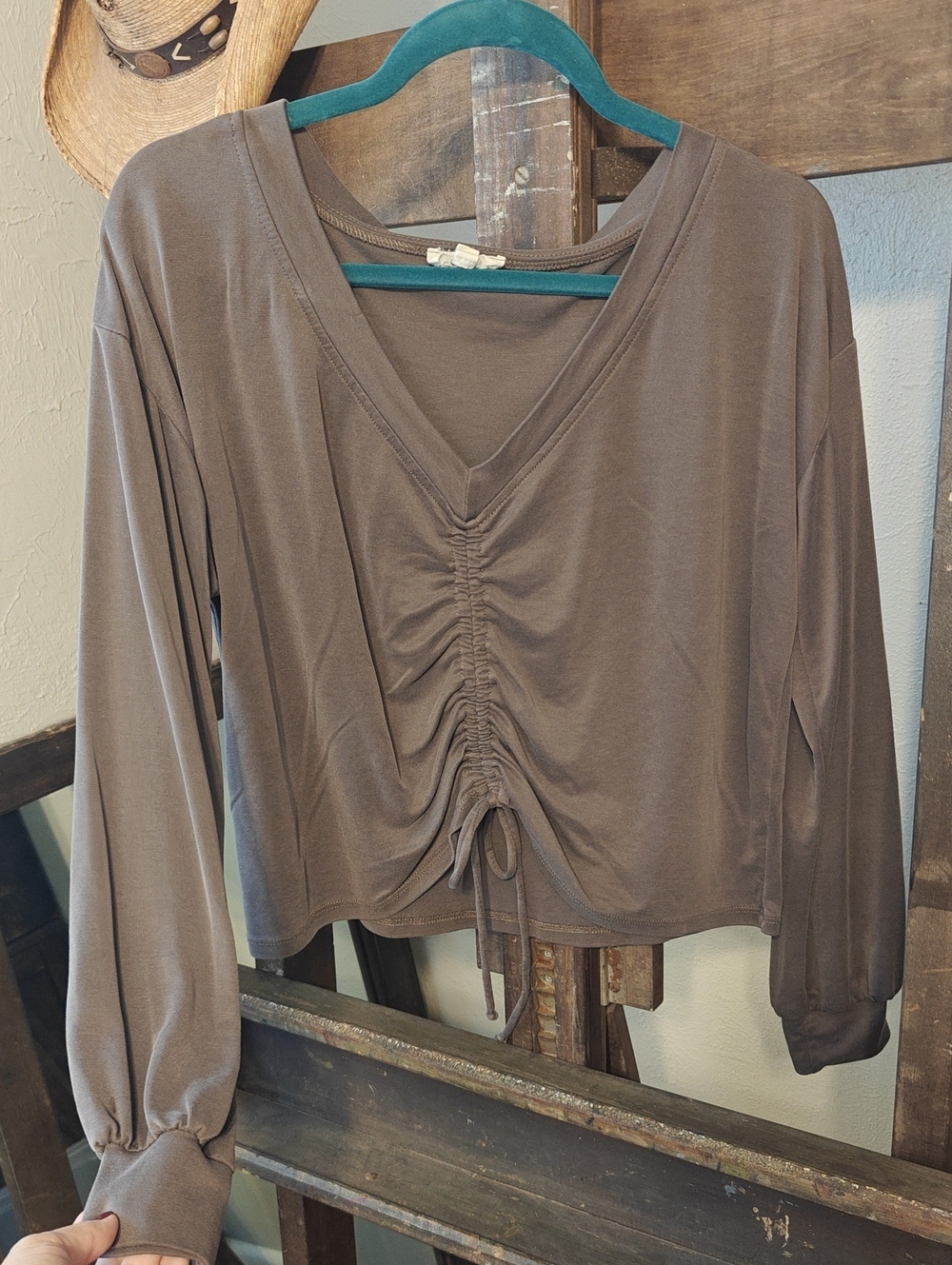 Elan Taupe Ruched V-Neck Long Sleeve Top
